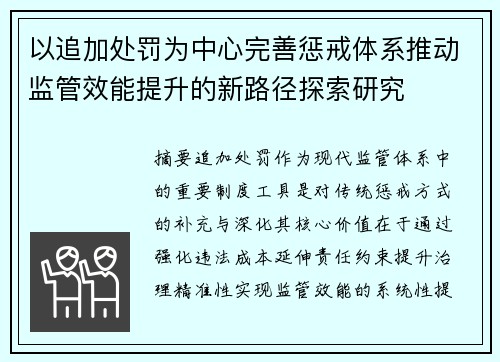 以追加处罚为中心完善惩戒体系推动监管效能提升的新路径探索研究 以追加处罚为中心完善惩戒体系推动监管效能提升的新路径探索研究